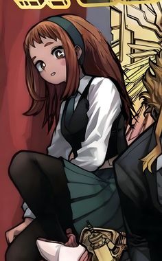 an anime character is sitting on the floor next to another character with her head down