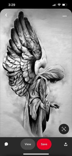 a black and white drawing of a bird with wings