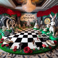 an elaborately decorated chess board in the middle of a room with red roses and black and white checkered flooring