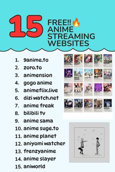 a poster with the words, 15 free anime streaming sites on it and an image of a