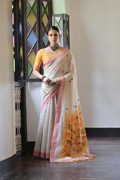 Saree Fabric : Cotton Silk Saree Color : Snow White Saree Length : 5.5 Meter Blouse Length : 0.8 Meter Saree Work : Colorful Thread Woven design All Over Saree Border : Thread Woven Border Wash : Dry Clean White Fitted Traditional Wear With Zari Weaving, Fitted White Handloom Saree, White Saree, Drape Saree, Saree Border, Saree Dress, Blouse Length, Wedding Wear, Cotton Silk