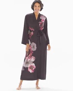 Why you’ll love it: Wrap up in this beautiful, one-of-a-kind floral robe that's silky smooth.  Details  Open front with attached belt.Drop shoulder kimono sleeves.Side seam pockets.Approximately 55" from shoulder.97% polyester, 3% spandex. Hand wash. Imported. Elegant Spring Sleepwear With Kimono Sleeves, Elegant Sleepwear With Kimono Sleeves For Spring, Spring Silk Kimono With Belt, Spring Silk Belted Kimono, Spring Wrap Robe With Belt, Spring Daywear Belted Kimono, Spring Belted Kimono For Daywear, Spring Floral Print Fitted Robe, Fitted Floral Print Spring Robe