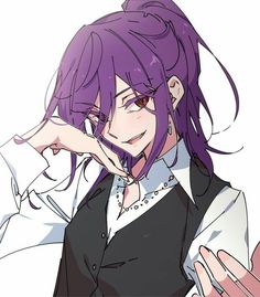 an anime character with purple hair wearing a black vest and white shirt, posing for the camera