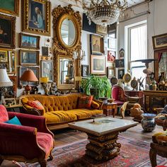 a living room filled with lots of furniture and paintings