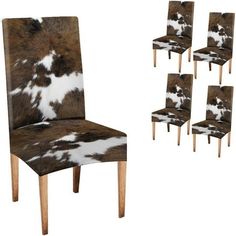 six brown and white cowhide chairs with wooden legs