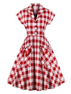 Red White 1950s Pockets Plaid Dress | Retro Stage Doll Collar Dress, Very Short Dress, Mode Kimono, Robes Vintage, Look Retro, Party Kleidung, Standard Dress, Rockabilly Dress, Cap Dress