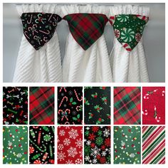 christmas themed kitchen towels hanging on a rack