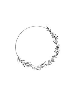 a black and white drawing of a circle with leaves on the side, drawn by hand