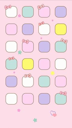 a pink background with pastel colors and bows on it's sides, all in different shapes