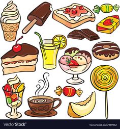 a variety of desserts and drinks are depicted in this illustration, including ice cream