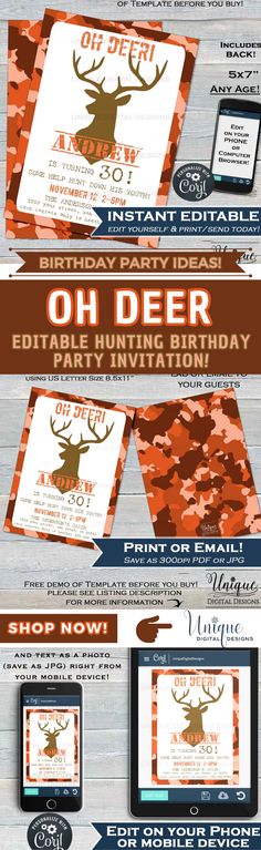 an image of a birthday party with deer head on the front and back of it