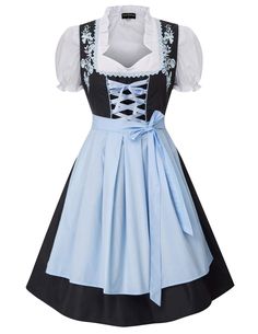 PRICES MAY VARY. [ Main Material ]Polyester,Cotton. [ 3 Pieces Set Oktoberfest Outfit ]1 pc cropped length blouse,1 pc sleeveless black dress and 1 pc solid color apron. [ Design ]Cute Cropped Length Tops--Puff short sleeve cropped length tops with ruffled neckline and elastic sleeve cuffs.Chic Sleeveless Dress--Sleeveless black dress with lacing in the front to adjust for best fit, side concealed zipper,bodice with exquisite embroidery decorated.Attention: Dress bodice with lining, skirt withou Beer Wench Costume, Scarlet Darkness, Dirndl Dresses, Wench Costume, German Dress Dirndl, German Oktoberfest, Apron Design, Oktoberfest Costume, Dress Apron