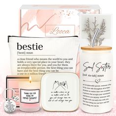 the bestie gift set includes a candle, soap, and other personal care items