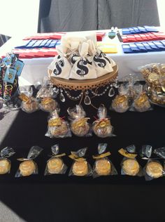 a table topped with lots of candy bags