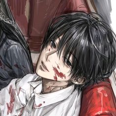 an anime character with blood all over his face