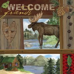 a moose standing in front of a window with the words welcome to canada on it