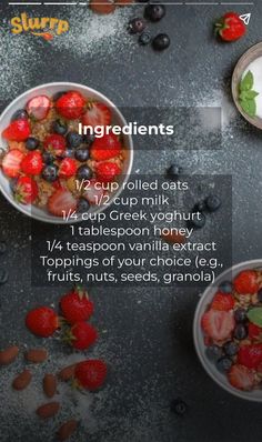 the ingredients for a healthy salad are shown in three separate bowls, including strawberries and blueberries