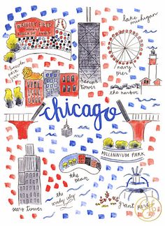 the chicago skyline is drawn in watercolor and ink