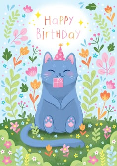 a birthday card with a blue cat sitting in the grass