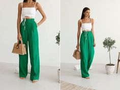 The women's high waisted linen Kelly green palazzo pants are a stylish and comfortable addition to any wardrobe.  Made from high-quality linen fabric, these pants are perfect for warm weather and are designed to keep you cool and comfortable all day long.  The Kelly green color is vibrant and eye-catching, making these pants a great choice for any casual or dressy occasion. The high waist design creates a flattering silhouette that elongates the legs and accentuates the waistline.  The palazzo style is flowy and loose, providing plenty of room for movement and allowing air to circulate freely, keeping you cool and comfortable in hot weather. MATERIAL: Natural linen with the addition of cotton: 90% linen, 10% cotton. PRODUCT CARE  - hand wash at 30 oC, - do not soak the product. - manual wr Linen Green Pants Outfit, Trendy Green Wide Leg Pants, Trendy Linen Wide Leg Pants For Spring, Green Wide Leg Pants For Spring Vacation, Green Wide Leg Pants For Work, Green Straight Leg Pants For Vacation, Trendy Green Ankle-length Wide Leg Pants, Green Linen Bottoms For Vacation, Trendy Linen Summer Pants