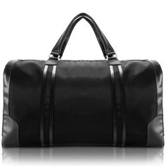 a black leather duffel bag on a white background