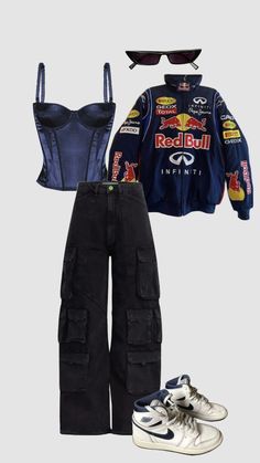 Mode Style Tokyo, Tokyo Drift Inspired Outfits, Street Racing Outfit For Women, Street Racing Aesthetic Outfit, Racer Inspired Outfits, Niki Concert Outfit, F1 Jersey Outfit, Racing Style Outfits, Racewear Outfits