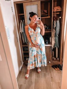 A leaf print maternity maxi dress featuring a deep v-neckline and a gathered bottom tier. Maternity Maxi Dress, Maternity Maxi, Pregnancy Maxi Dress, Leaf Print, Leaf Prints, Maternity Clothes, Over 50, Blush Pink, Maxi Dress