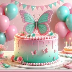 a birthday cake with a butterfly topper on it and balloons in the background,