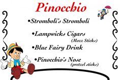 a cartoon character sitting on top of a table next to a sign that says pinocchio