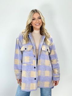 CT11046A plaid button shacket Cloud Ten Big Comfy Sweaters, Trendy Boutique Clothing, Mountain Jacket, Elevated Style, Trendy Boutique, Plaid Pattern, Dresses Xs, Color Purple, Boutique Clothing