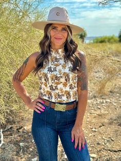 Sky High Tank – The Feisty Bull Boutique Mock Neck Tank, Western Vintage, Flowers Print, Sky High