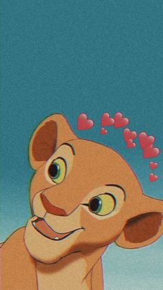 an animated lion with hearts coming out of its mouth