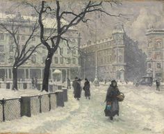 a painting of people walking in the snow