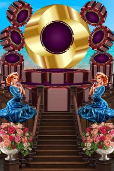 a woman in a blue dress is sitting on the stairs next to a large golden object