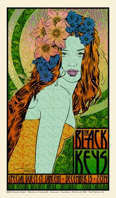 a poster for the black keys featuring a woman with flowers in her hair