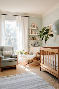 a baby's room with a crib, rocking chair, and large window