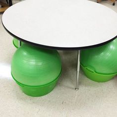 an exercise ball table and stools in a room