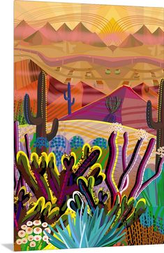 an abstract painting of cactuses and mountains in the desert with sun setting behind them