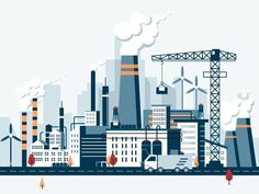 an industrial city with factories and wind mills in the background, flat design style illustration