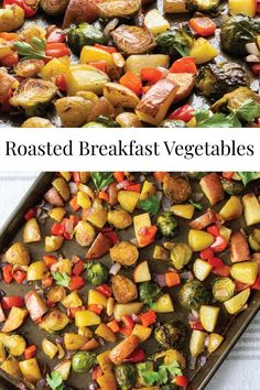 roasted breakfast veggies on a baking sheet with text overlay that reads roasted breakfast vegetables