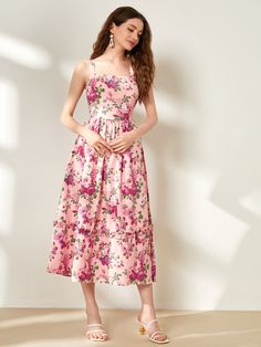 Floral Satin Dress, Floral Dress Outfits, Vestidos Retro, Light Pink Dress, Midi Dress Style, Pink Floral Dress, Summer Dress Outfits, Women Long Dresses