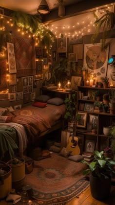 a bedroom with lots of plants and pictures on the wall, lights strung from above