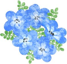 blue flowers with green leaves on white background