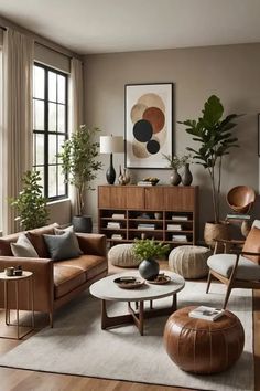 a living room filled with lots of furniture and plants on top of a wooden table