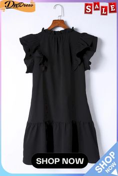 Black Tiered Ruffled Sleeves Mini Dress with Pockets