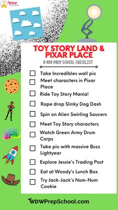 the toy story land and pixar place checklist is shown in this image