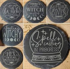 four different pictures of some kind of chalk board with writing on it and the words witches in progress