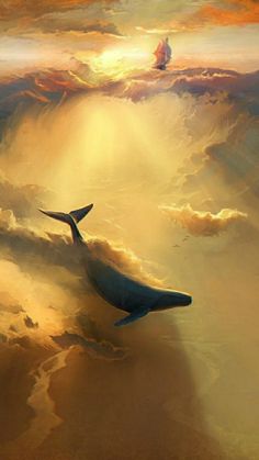 a painting of a whale floating in the sky with clouds and sun shining through it