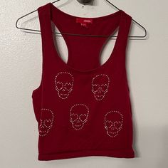 Maroon Racer Back Cropped Tank Top With Shiny Skulls. Never Worn. Skull Print Top For Summer Party, Summer Party Top With Skull Print, Skull Print Party Tops For Summer, Casual Skull Print Top For Party, Racer Back, Cropped Tank Top, Crop Tank, Crop Top, Tank Top