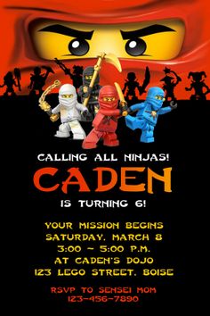 an image of lego ninja birthday party with the text, you're invited to celebrate